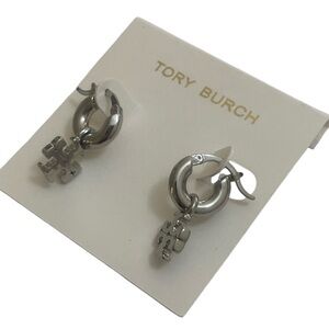 Tory Burch Silver TB Logo Mini  Hoops